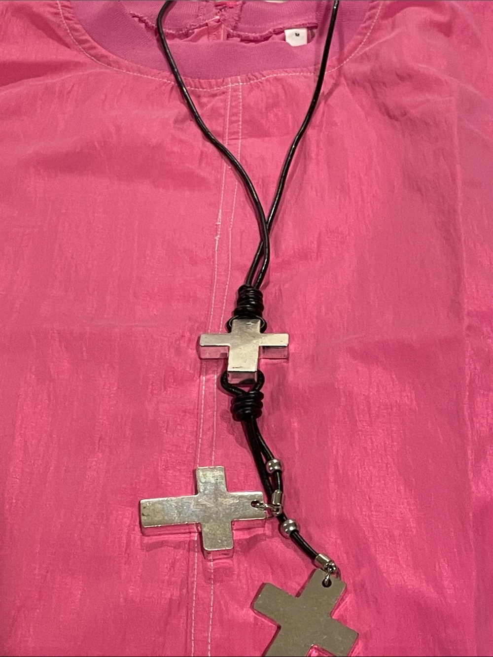 Black Leather Cross Pendant Necklace - Silver Cross Charms